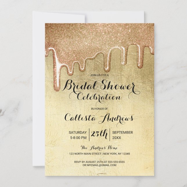 Glamorous Gold Thick Glitter Drips Bridal Shower Invitation (Front)