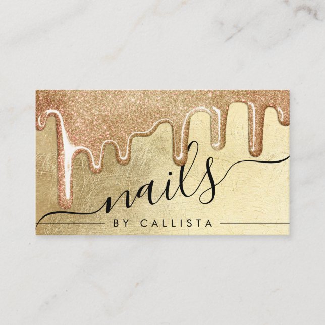 Glamorous Gold Thick Glitter Drips Nails Business Card (Front)
