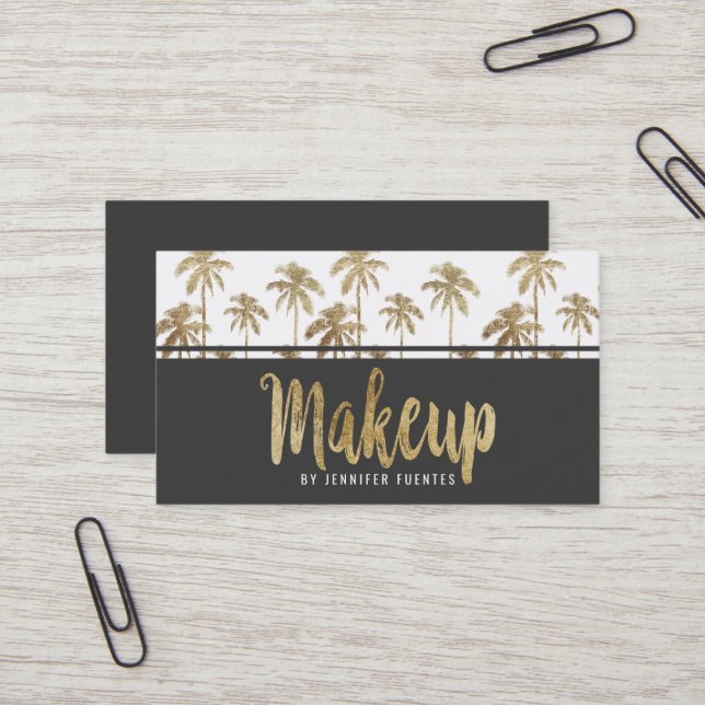 Glamorous Gold Tropical Palm Trees Makeup Artist Business Card (Front/Back In Situ)