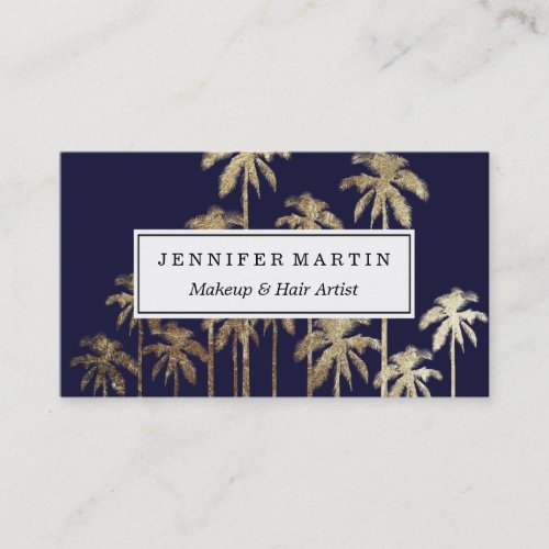 Glamorous Gold Tropical Palm Trees Navy Blue Business Card