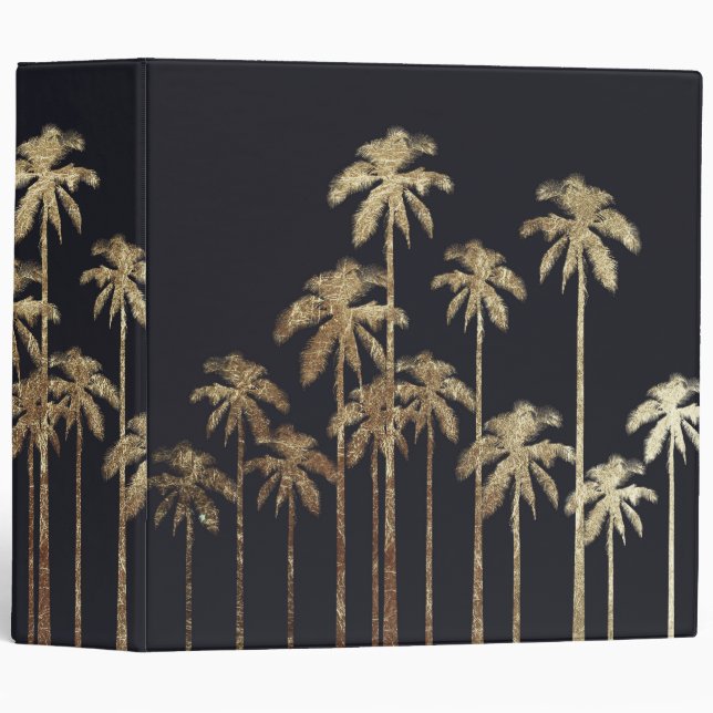 Glamorous Gold Tropical Palm Trees on Black 3 Ring Binder (Front/Spine)