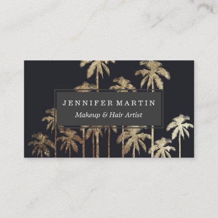Glamorous Gold Tropical Palm Trees On Black Business Card