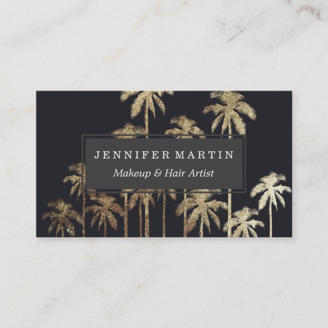 Glamorous Gold Tropical Palm Trees on Black Business Card (Front)