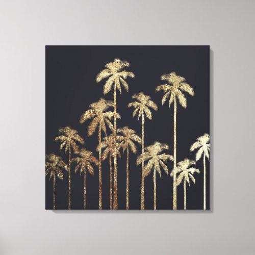 Glamorous Gold Tropical Palm Trees on Black Canvas Print