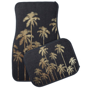 Glamorous Gold Tropical Palm Trees on Black Car Mat