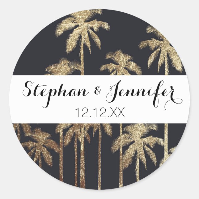 Glamorous Gold Tropical Palm Trees on Black Classic Round Sticker (Front)