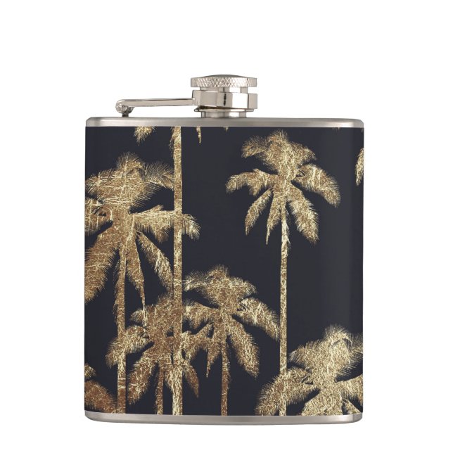 Glamorous Gold Tropical Palm Trees on Black Hip Flask (Front)
