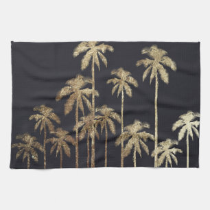 Glamorous Gold Tropical Palm Trees on Black Kitchen Towel