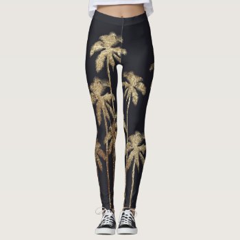 Glamorous Gold Tropical Palm Trees On Black Leggings by BlackStrawberry_Co at Zazzle