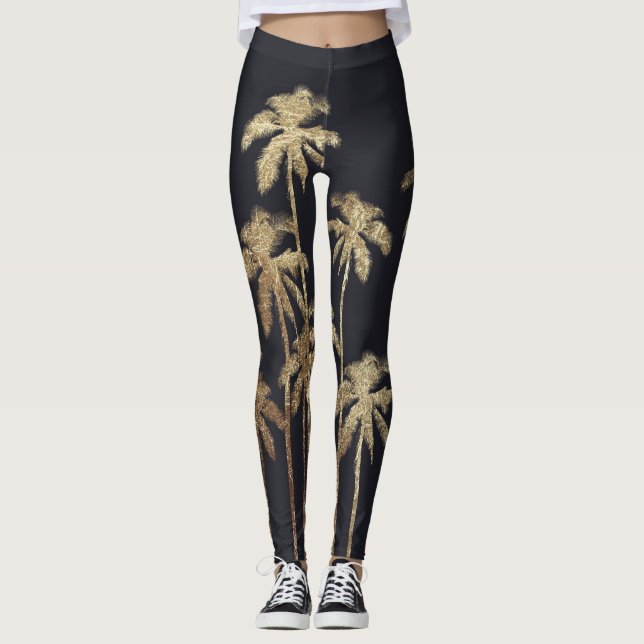 Glamorous Gold Tropical Palm Trees on Black Leggings (Front)