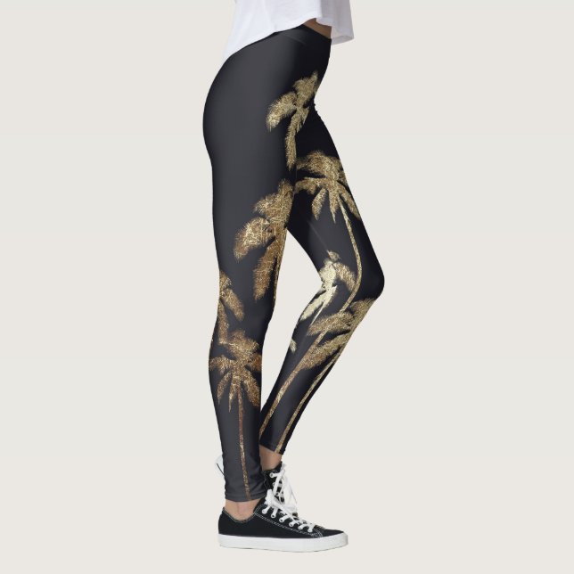 Glamorous Gold Tropical Palm Trees on Black Leggings Zazzle