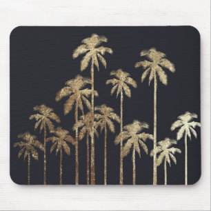 Glamorous Gold Tropical Palm Trees on Black Mouse Pad
