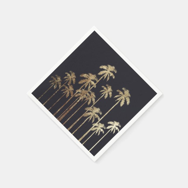 Glamorous Gold Tropical Palm Trees on Black Napkins (Corner)