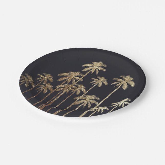 Glamorous Gold Tropical Palm Trees on Black Paper Plates (Angled)