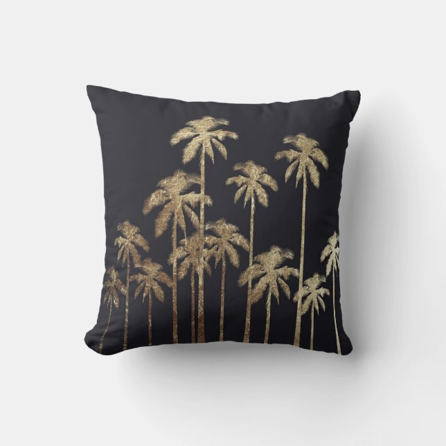 Glamorous Gold Tropical Palm Trees on Black Throw Pillow (Front)