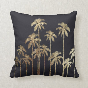 Glamorous Gold Tropical Palm Trees on Black Throw Pillow