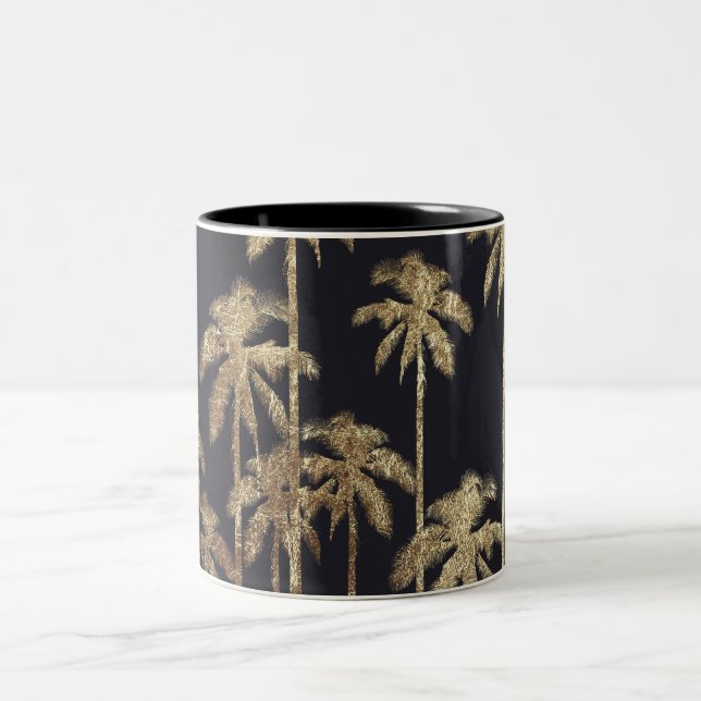 Glamorous Gold Tropical Palm Trees on Black Two-Tone Coffee Mug (Center)