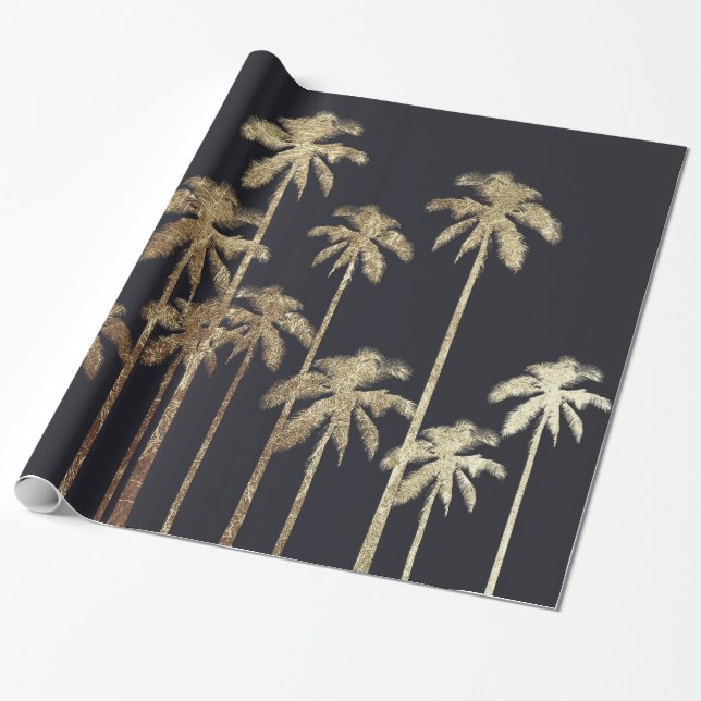 Glamorous Gold Tropical Palm Trees on Black Wrapping Paper (Unrolled)