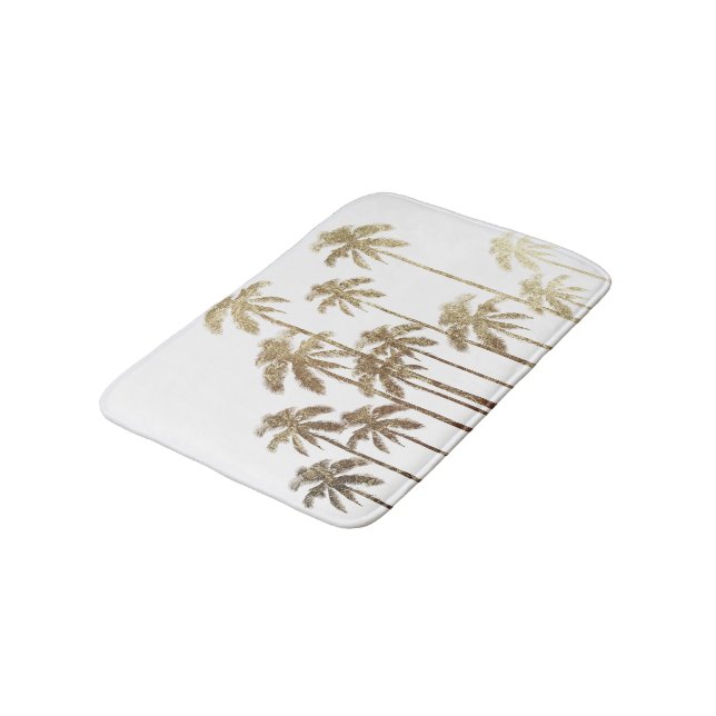 Glamorous Gold Tropical Palm Trees on White Bathroom Mat (Angled)