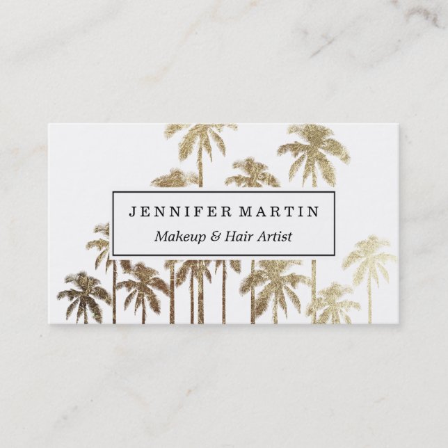 Glamorous Gold Tropical Palm Trees on White Business Card (Front)