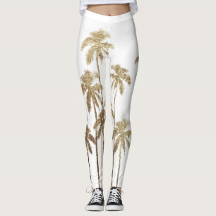 Glamorous Gold Tropical Palm Trees on White Leggings