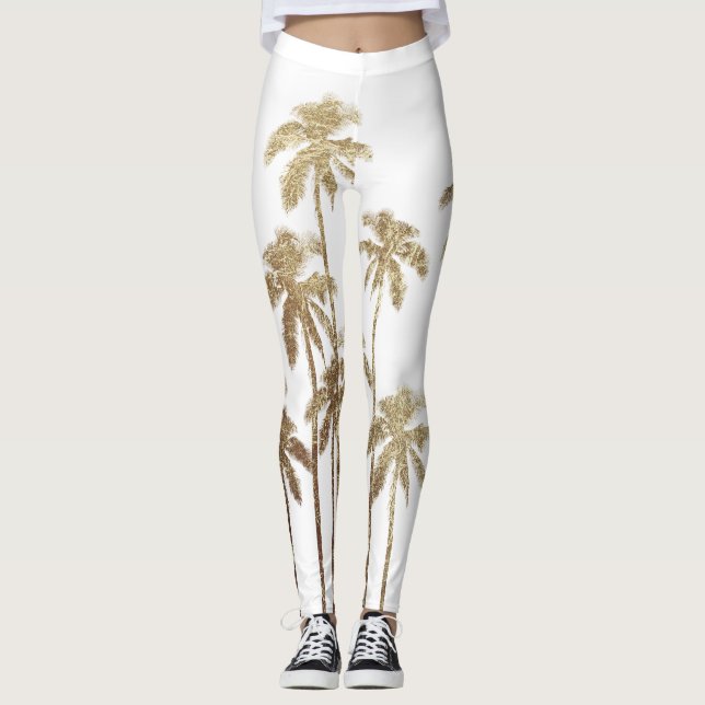 Glamorous Gold Tropical Palm Trees on White Leggings (Front)