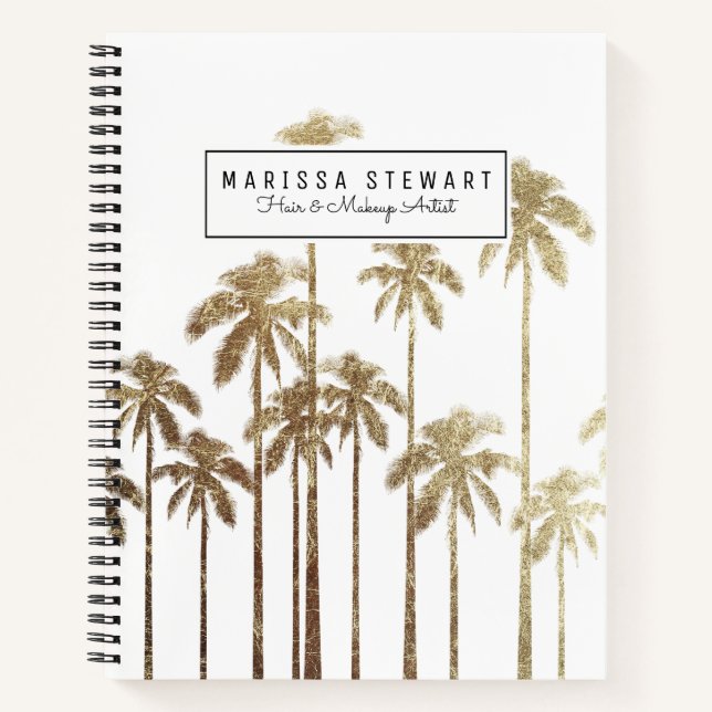 Glamorous Gold Tropical Palm Trees on White Notebook (Front)