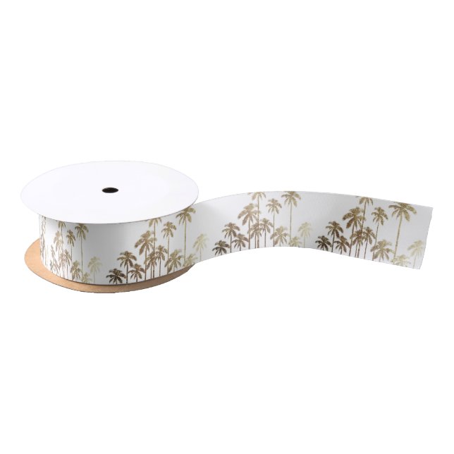 Glamorous Gold Tropical Palm Trees on White Satin Ribbon (Spool)