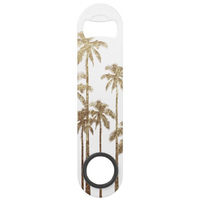 Glamorous Gold Tropical Palm Trees on White Speed Bottle Opener (Front)
