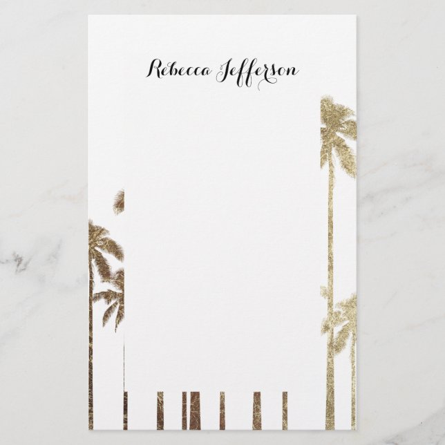 Glamorous Gold Tropical Palm Trees on White Stationery (Front)