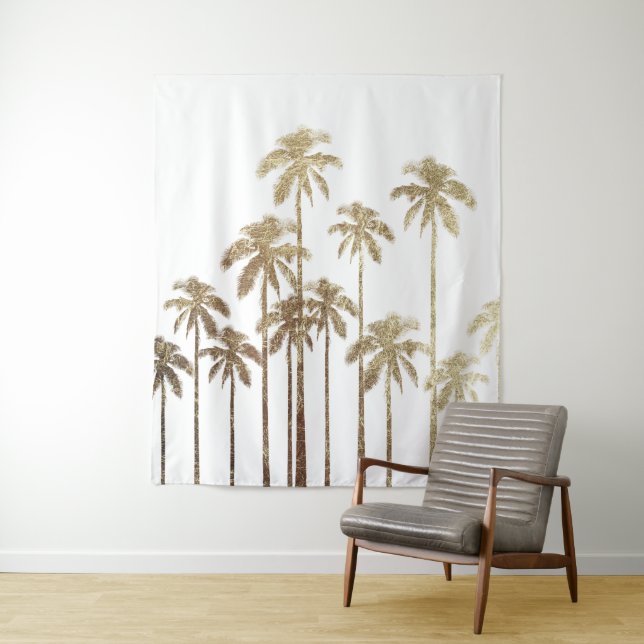 Glamorous Gold Tropical Palm Trees on White Tapestry (In Situ)