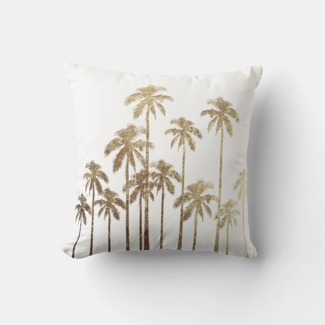 Glamorous Gold Tropical Palm Trees on White Throw Pillow (Front)