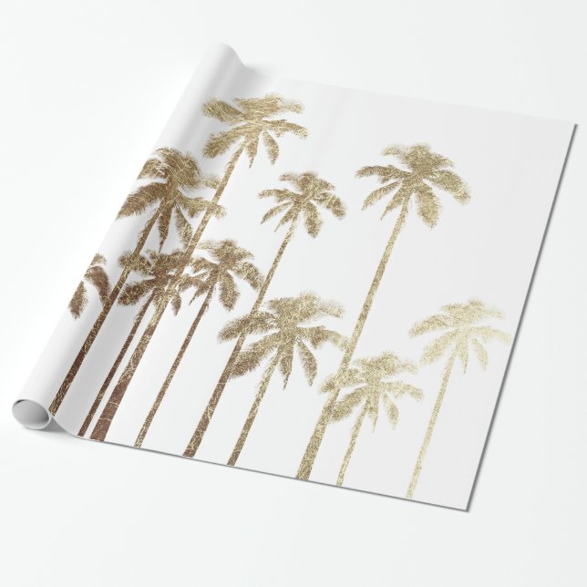 Glamorous Gold Tropical Palm Trees on White Wrapping Paper (Unrolled)