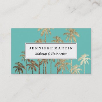 Glamorous Gold Tropical Palm Trees Turquoise Green Business Card by BlackStrawberry_Co at Zazzle