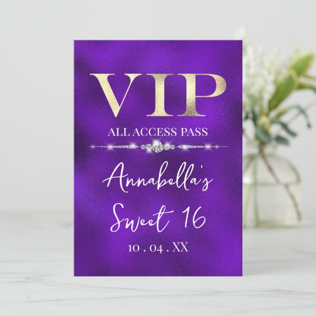Glamorous Gold VIP on Purple Invitation (Standing Front)