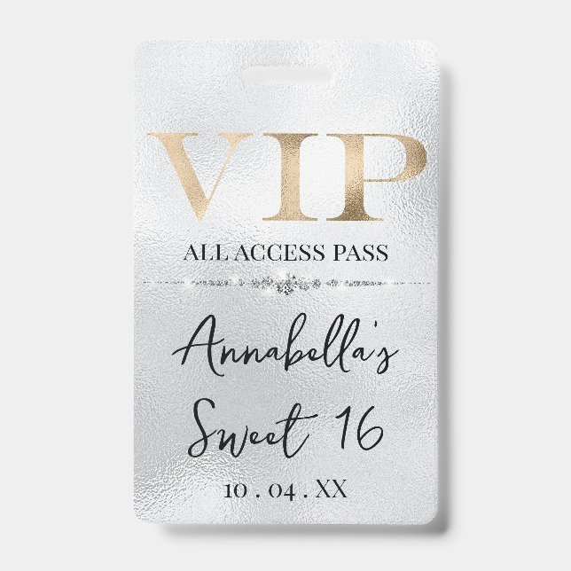 Glamorous Gold VIP on Silver Badge (Front)