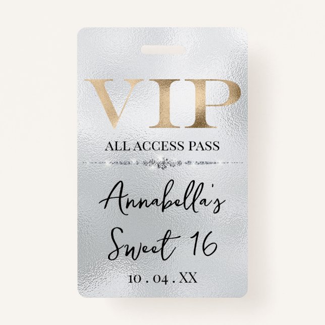 Glamorous Gold VIP on Silver Badge (Front)