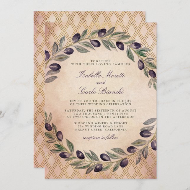 Glamorous Gold Watercolor Olive Branches Invitation (Front/Back)