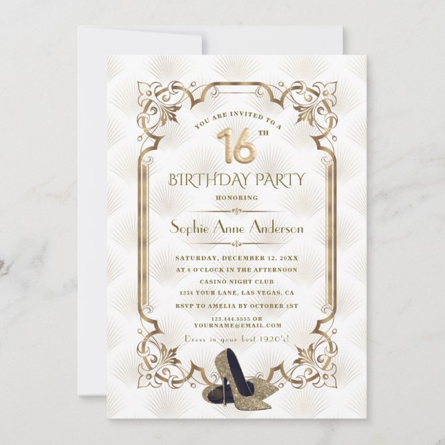 Glamorous Gold White Art Deco Sweet 16th Birthday Invitation (Front)