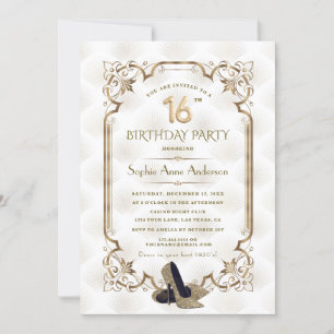 Glamorous Gold White Art Deco Sweet 16th Birthday Invitation