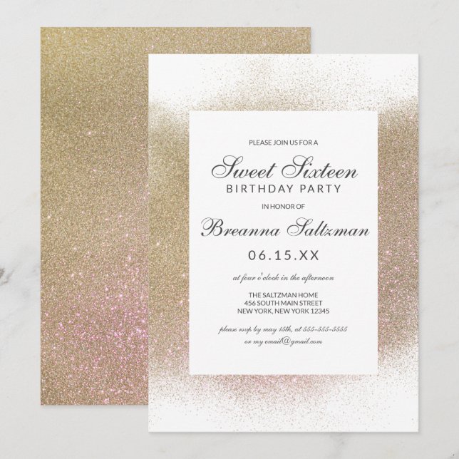 Glamorous Gold White Glitter Dust Border Sweet 16 Invitation (Front/Back)