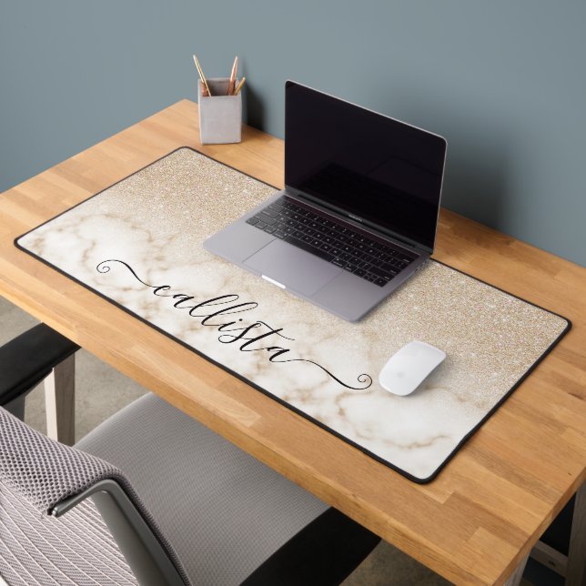 Glamorous Gold White Glitter Marble Gradient Desk Mat (Office 2)