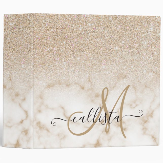 Glamorous Gold White Glitter Marble Gradient Ombre 3 Ring Binder (Front/Spine)