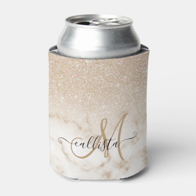 Glamorous Gold White Glitter Marble Gradient Ombre Can Cooler (Can Front)