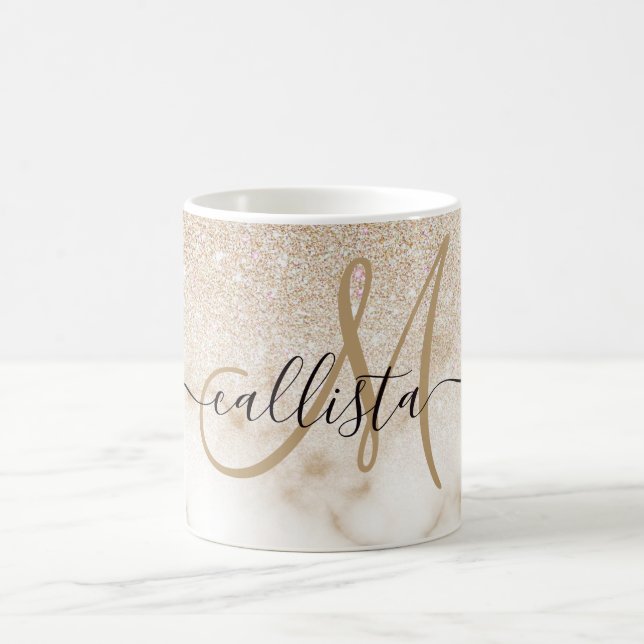 Glamorous Gold White Glitter Marble Gradient Ombre Coffee Mug (Center)