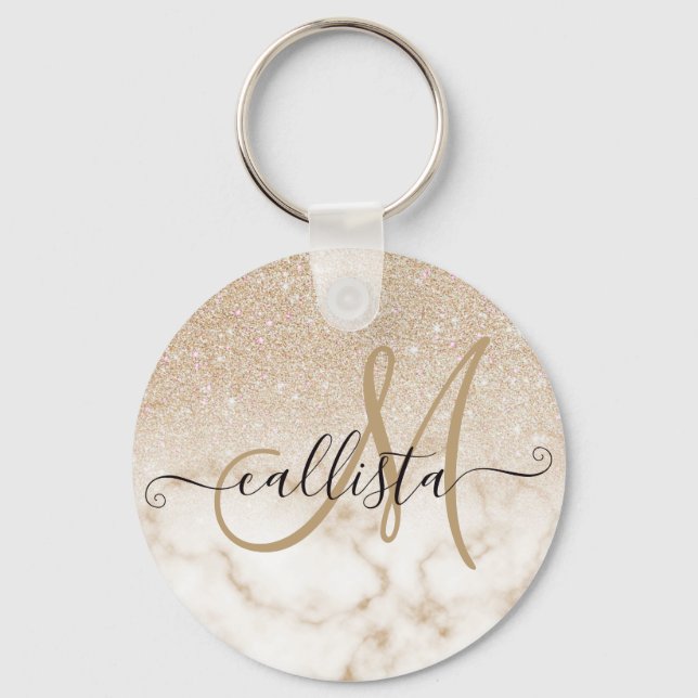 Glamorous Gold White Glitter Marble Gradient Ombre Keychain (Front)