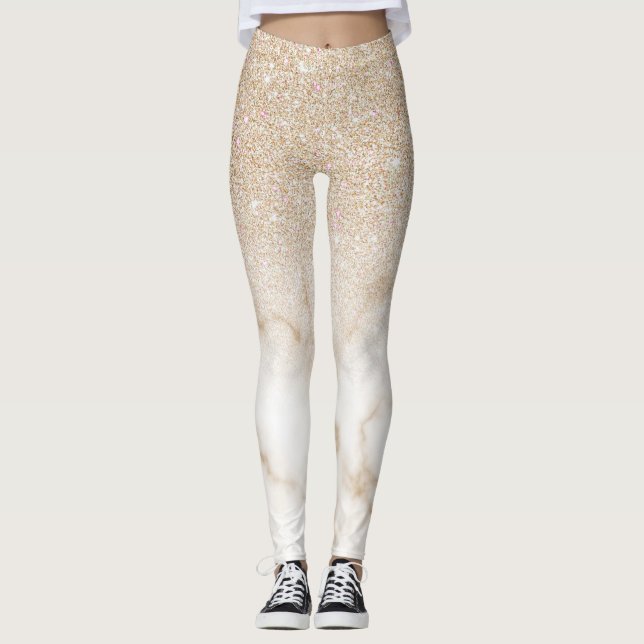 Glamorous Gold White Glitter Marble Gradient Ombre Leggings (Front)