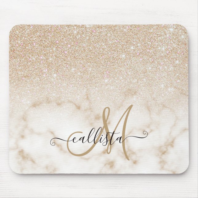 Glamorous Gold White Glitter Marble Gradient Ombre Mouse Pad (Front)
