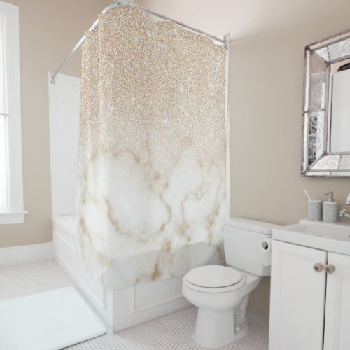 Glamorous Gold White Glitter Marble Gradient Ombre Shower Curtain