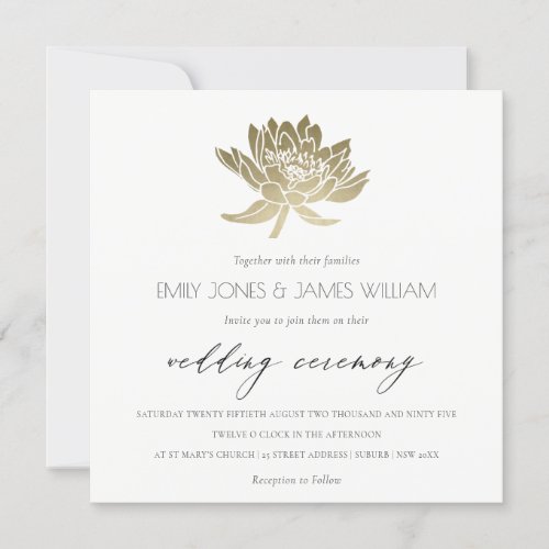 GLAMOROUS GOLD WHITE KRAFT LOTUS FLORAL WEDDING INVITATION